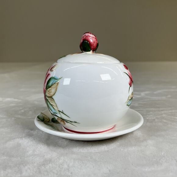 Lefton Handpainted Jelly/Jam Dish, Americana Rose Design 5”x 5” w/o Spoon Chrty - Picture 3 of 14